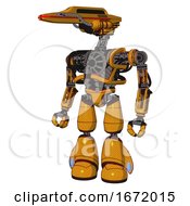Poster, Art Print Of Automaton Containing Dual Retro Camera Head And Laser Gun Head And Heavy Upper Chest And No Chest Plating And Light Leg Exoshielding Primary Yellow Halftone Standing Looking Right Restful Pose