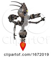 Mech Containing Grey Alien Style Head And Electric Eyes And Eyeball Creature Crown And Light Chest Exoshielding And Minigun Back Assembly And No Chest Plating And Jet Propulsion Patent Khaki Metal