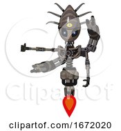 Poster, Art Print Of Mech Containing Grey Alien Style Head And Electric Eyes And Eyeball Creature Crown And Light Chest Exoshielding And Minigun Back Assembly And No Chest Plating And Jet Propulsion Patent Khaki Metal