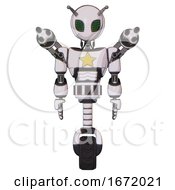 Poster, Art Print Of Droid Containing Grey Alien Style Head And Led Array Eyes And Bug Antennas And Light Chest Exoshielding And Yellow Star And Minigun Back Assembly And Unicycle Wheel White Halftone Toon Front View