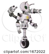 Poster, Art Print Of Droid Containing Grey Alien Style Head And Led Array Eyes And Bug Antennas And Light Chest Exoshielding And Yellow Star And Minigun Back Assembly And Unicycle Wheel White Halftone Toon