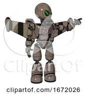 Robot Containing Grey Alien Style Head And Green Demon Eyes And Light Chest Exoshielding And Chest Valve Crank And Stellar Jet Wing Rocket Pack And Light Leg Exoshielding Patent Khaki Metal