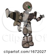 Poster, Art Print Of Robot Containing Grey Alien Style Head And Green Demon Eyes And Light Chest Exoshielding And Chest Valve Crank And Stellar Jet Wing Rocket Pack And Light Leg Exoshielding Patent Khaki Metal