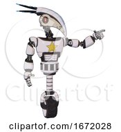 Poster, Art Print Of Mech Containing Bird Skull Head And Red Line Eyes And Head Shield Design And Light Chest Exoshielding And Yellow Star And Unicycle Wheel White Halftone Toon Pointing Left Or Pushing A Button