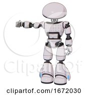 Poster, Art Print Of Robot Containing Dome Head And Light Chest Exoshielding And Chest Green Blue Lights Array And Light Leg Exoshielding White Halftone Toon Arm Out Holding Invisible Object