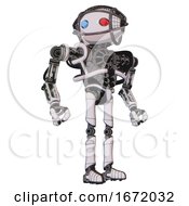 Robot Containing Oval Wide Head And Giant Blue And Red Led Eyes And Barbed Wire Cage Helmet And Heavy Upper Chest And No Chest Plating And Ultralight Foot Exosuit White Halftone Toon Hero Pose