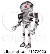 Poster, Art Print Of Robot Containing Oval Wide Head And Giant Blue And Red Led Eyes And Barbed Wire Cage Helmet And Heavy Upper Chest And No Chest Plating And Ultralight Foot Exosuit White Halftone Toon