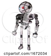Poster, Art Print Of Robot Containing Oval Wide Head And Giant Blue And Red Led Eyes And Barbed Wire Cage Helmet And Heavy Upper Chest And No Chest Plating And Ultralight Foot Exosuit White Halftone Toon