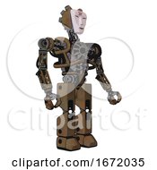 Poster, Art Print Of Bot Containing Humanoid Face Mask And Red Slashes War Paint And Heavy Upper Chest And No Chest Plating And Prototype Exoplate Legs Old Copper Facing Left View