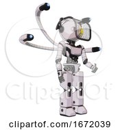 Bot Containing Oval Wide Head And Sunshine Patch Eye And Barbed Wire Visor Helmet And Light Chest Exoshielding And Ultralight Chest Exosuit And Blue Eye Cam Cable Tentacles 