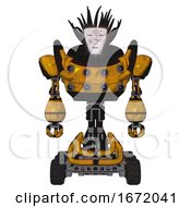 Poster, Art Print Of Automaton Containing Humanoid Face Mask And Die Robots Graffiti Design And Heavy Upper Chest And Chest Energy Sockets And Six-Wheeler Base Worn Construction Yellow Front View