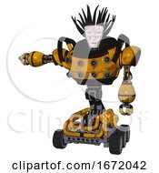 Poster, Art Print Of Automaton Containing Humanoid Face Mask And Die Robots Graffiti Design And Heavy Upper Chest And Chest Energy Sockets And Six-Wheeler Base Worn Construction Yellow Arm Out Holding Invisible Object