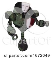Poster, Art Print Of Automaton Containing Humanoid Face Mask And Heavy Upper Chest And Red Shield Defense Design And Unicycle Wheel Old Corroded Copper Fight Or Defense Pose