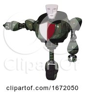 Poster, Art Print Of Automaton Containing Humanoid Face Mask And Heavy Upper Chest And Red Shield Defense Design And Unicycle Wheel Old Corroded Copper Arm Out Holding Invisible Object