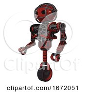 Robot Containing Oval Wide Head And Barbed Wire Cage Helmet And Heavy Upper Chest And No Chest Plating And Unicycle Wheel Cherry Tomato Red Facing Right View