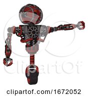 Poster, Art Print Of Robot Containing Oval Wide Head And Barbed Wire Cage Helmet And Heavy Upper Chest And No Chest Plating And Unicycle Wheel Cherry Tomato Red Pointing Left Or Pushing A Button