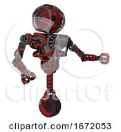 Poster, Art Print Of Robot Containing Oval Wide Head And Barbed Wire Cage Helmet And Heavy Upper Chest And No Chest Plating And Unicycle Wheel Cherry Tomato Red Interacting