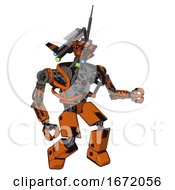 Poster, Art Print Of Automaton Containing Dual Retro Camera Head And Communications Array Head And Heavy Upper Chest And No Chest Plating And Prototype Exoplate Legs Secondary Orange Halftone Fight Or Defense Pose
