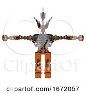 Poster, Art Print Of Automaton Containing Dual Retro Camera Head And Communications Array Head And Heavy Upper Chest And No Chest Plating And Prototype Exoplate Legs Secondary Orange Halftone T-Pose
