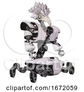 Mech Containing Bird Skull Head And White Eyeballs And Bird Feather Design And Heavy Upper Chest And Heavy Mech Chest And Insect Walker Legs White Halftone Toon Facing Left View