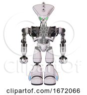 Poster, Art Print Of Robot Containing Flat Elongated Skull Head And Heavy Upper Chest And No Chest Plating And Light Leg Exoshielding White Halftone Toon Front View