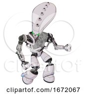Poster, Art Print Of Robot Containing Flat Elongated Skull Head And Heavy Upper Chest And No Chest Plating And Light Leg Exoshielding White Halftone Toon Fight Or Defense Pose