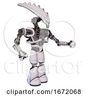 Poster, Art Print Of Robot Containing Flat Elongated Skull Head And Heavy Upper Chest And No Chest Plating And Light Leg Exoshielding White Halftone Toon Interacting