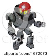 Poster, Art Print Of Bot Containing Grey Alien Style Head And Yellow Eyes With Blue Pupils And Stars And Red Helmet And Heavy Upper Chest And Prototype Exoplate Legs Patent Concrete Gray Metal Fight Or Defense Pose
