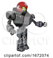Poster, Art Print Of Bot Containing Grey Alien Style Head And Yellow Eyes With Blue Pupils And Stars And Red Helmet And Heavy Upper Chest And Prototype Exoplate Legs Patent Concrete Gray Metal Interacting
