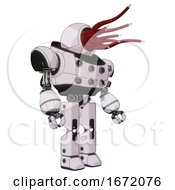 Poster, Art Print Of Bot Containing Jellyfish Style Head Red Fiber Optic Tentacles And Heavy Upper Chest And Chest Energy Sockets And Prototype Exoplate Legs White Halftone Toon Facing Left View