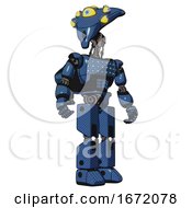 Poster, Art Print Of Mech Containing Flat Elongated Skull Head And Yellow Eyeball Array And Light Chest Exoshielding And Chest Green Blue Lights Array And Rocket Pack And Prototype Exoplate Legs Blue Halftone Hero Pose
