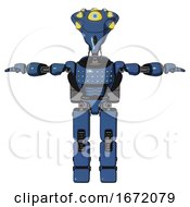 Poster, Art Print Of Mech Containing Flat Elongated Skull Head And Yellow Eyeball Array And Light Chest Exoshielding And Chest Green Blue Lights Array And Rocket Pack And Prototype Exoplate Legs Blue Halftone T-Pose
