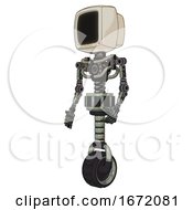 Poster, Art Print Of Droid Containing Old Computer Monitor And Light Chest Exoshielding And No Chest Plating And Unicycle Wheel Green Metal Facing Right View