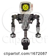 Poster, Art Print Of Droid Containing Old Computer Monitor And Yellow Sad Pixel Face And Red Buttons And Heavy Upper Chest And No Chest Plating And Unicycle Wheel Light Pink Beige Front View