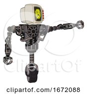 Poster, Art Print Of Droid Containing Old Computer Monitor And Yellow Sad Pixel Face And Red Buttons And Heavy Upper Chest And No Chest Plating And Unicycle Wheel Light Pink Beige Pointing Left Or Pushing A Button