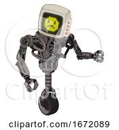Poster, Art Print Of Droid Containing Old Computer Monitor And Yellow Sad Pixel Face And Red Buttons And Heavy Upper Chest And No Chest Plating And Unicycle Wheel Light Pink Beige Fight Or Defense Pose