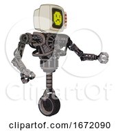 Poster, Art Print Of Droid Containing Old Computer Monitor And Yellow Sad Pixel Face And Red Buttons And Heavy Upper Chest And No Chest Plating And Unicycle Wheel Light Pink Beige Interacting