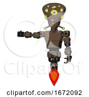 Poster, Art Print Of Droid Containing Flat Elongated Skull Head And Yellow Eyeball Array And Light Chest Exoshielding And Prototype Exoplate Chest And Jet Propulsion Light Brown Halftone
