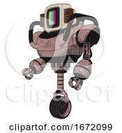 Poster, Art Print Of Automaton Containing Old Computer Monitor And Please Stand By Pixel Design And Old Retro Speakers And Heavy Upper Chest And Unicycle Wheel Powder Pink Metal Facing Right View