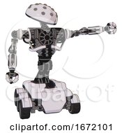 Poster, Art Print Of Mech Containing Metal Knucklehead Design And Heavy Upper Chest And No Chest Plating And Six-Wheeler Base White Halftone Toon Pointing Left Or Pushing A Button