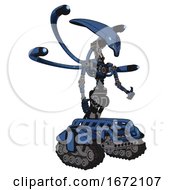 Poster, Art Print Of Cyborg Containing Flat Elongated Skull Head And Light Chest Exoshielding And Blue-Eye Cam Cable Tentacles And No Chest Plating And Tank Tracks Blue Halftone Facing Left View