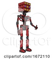 Poster, Art Print Of Android Containing Dual Retro Camera Head And Cube Array Head And Light Chest Exoshielding And No Chest Plating And Ultralight Foot Exosuit Primary Red Halftone Facing Left View