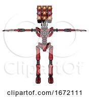 Poster, Art Print Of Android Containing Dual Retro Camera Head And Cube Array Head And Light Chest Exoshielding And No Chest Plating And Ultralight Foot Exosuit Primary Red Halftone T-Pose