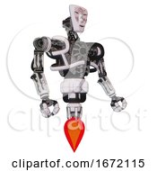 Poster, Art Print Of Mech Containing Humanoid Face Mask And Die Robots Graffiti Design And Heavy Upper Chest And No Chest Plating And Jet Propulsion White Halftone Toon Facing Left View