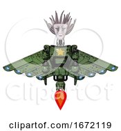 Poster, Art Print Of Droid Containing Humanoid Face Mask And War Paint And Light Chest Exoshielding And Yellow Star And Cherub Wings Design And Jet Propulsion Grunge Grass Green Front View