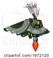 Poster, Art Print Of Droid Containing Humanoid Face Mask And War Paint And Light Chest Exoshielding And Yellow Star And Cherub Wings Design And Jet Propulsion Grunge Grass Green Facing Left View