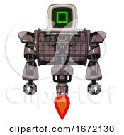 Poster, Art Print Of Android Containing Old Computer Monitor And Pixel Square Design And Heavy Upper Chest And Heavy Mech Chest And Barbed Wire Chest Armor Cage And Jet Propulsion Dusty Rose Red Metal Front View