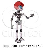 Poster, Art Print Of Droid Containing Grey Alien Style Head And Blue Grate Eyes And Red V And Red Helmet And Light Chest Exoshielding And No Chest Plating And Ultralight Foot Exosuit White Halftone Toon Interacting