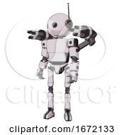 Poster, Art Print Of Robot Containing Oval Wide Head And Retro Antenna With Light And Light Chest Exoshielding And Prototype Exoplate Chest And Minigun Back Assembly And Ultralight Foot Exosuit White Halftone Toon