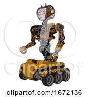 Poster, Art Print Of Bot Containing Humanoid Face Mask And Die Robots Graffiti Design And Heavy Upper Chest And No Chest Plating And Six-Wheeler Base Worn Construction Yellow Facing Right View